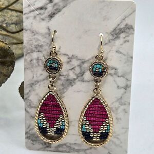 "5/$25" Pink/Turquoise Boho Seed Bead Goldtone Teardrop Dangle Earrings
